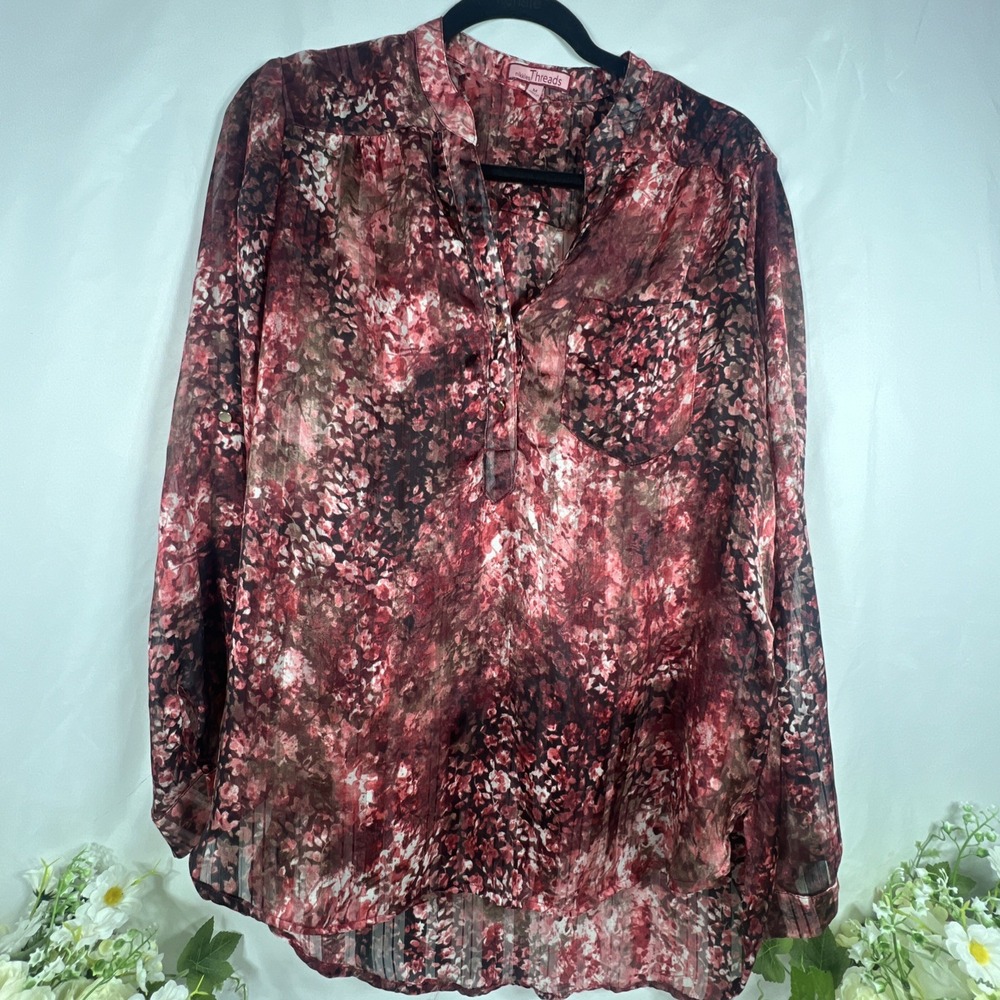 Nikkies Threads burgundy Floral Sheer Blouse Size M Button & Arm Accent Pocket